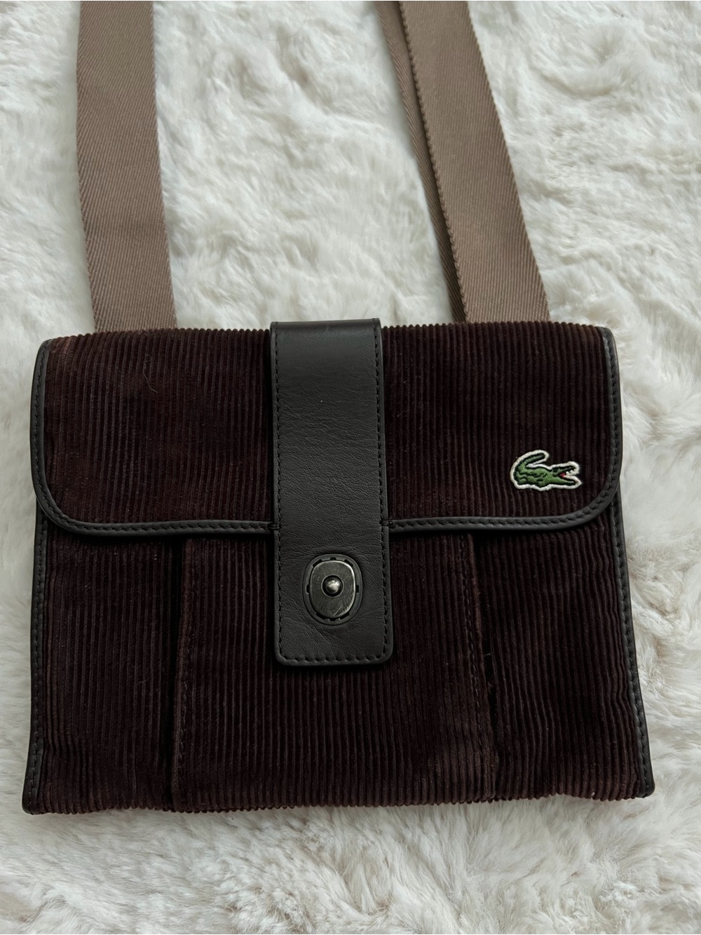 Lacoste Brown Corduroy Crossbody Messenger Bag